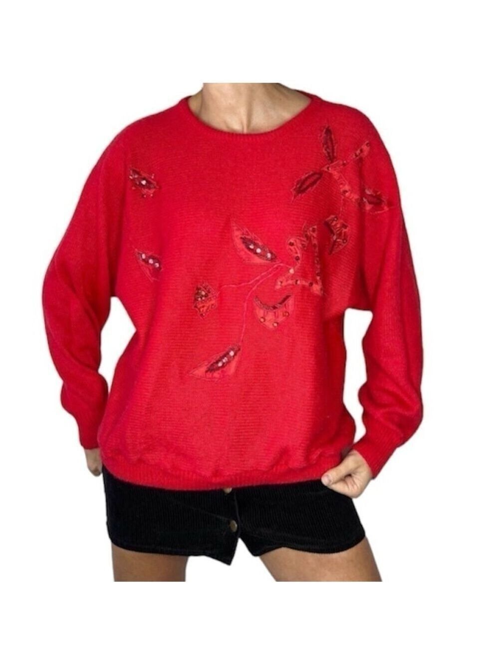 Vintage 90s Bright Red Floral Embroidered Dolman Sleeve Retro Sweater 44